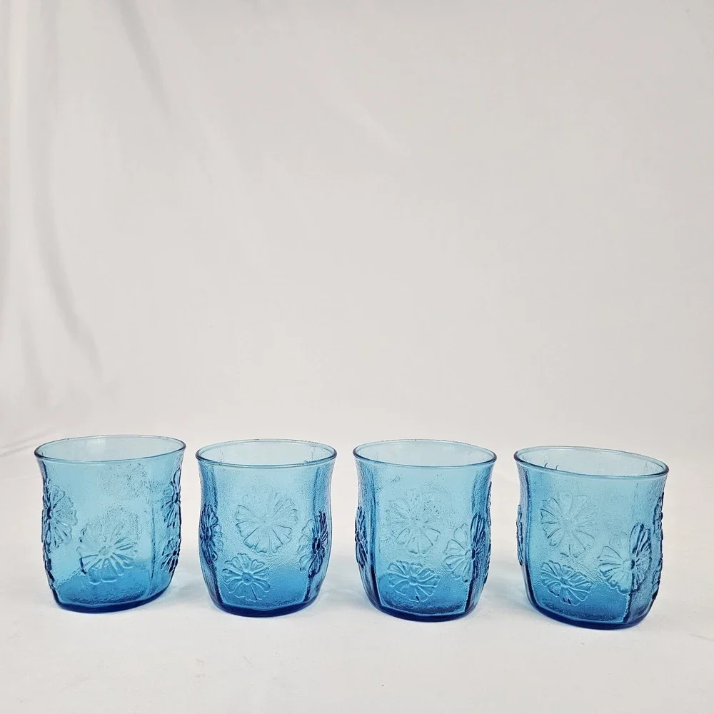 Anchor Hocking Springsong Drinking Glasses Laser Blue Flower 8 oz MCM 4 Piece